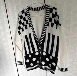 Vintage Lindsey Blake Y2K Black White Geometric V-Neck Button-Front Cardigan S
